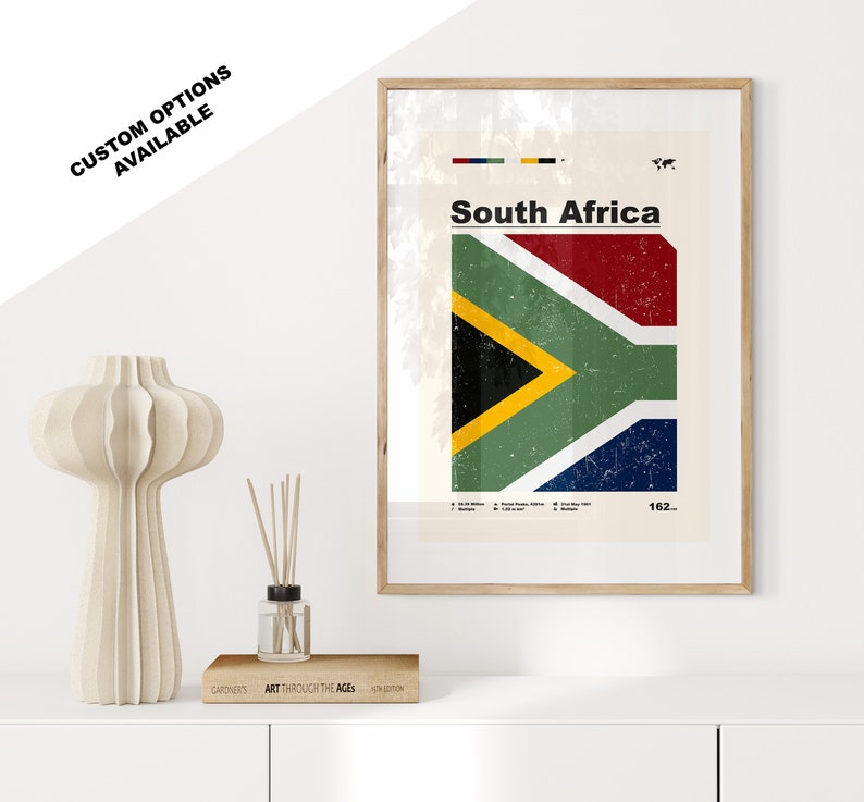 May include: A vintage-style poster with a distressed, faded look featuring the South African flag. The poster has the text "South Africa" in bold, black letters and the number "162" in the bottom right corner.