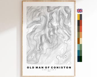Lámina del Viejo de Coniston - Mapa de curvas de nivel - Mapa del Viejo de Coniston - Distrito de los Lagos - Mapa topográfico - Lámina - Póster - Arte mural - Topografía