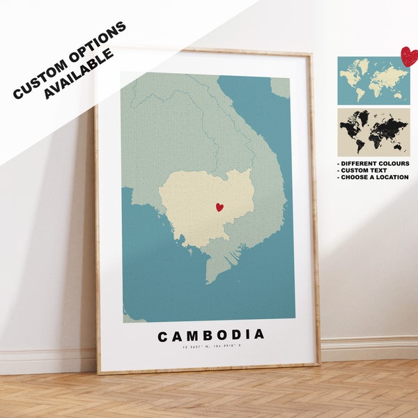 Cambodia Map Print - Personalised Map Gift - Framed or Canvas Options Available - Custom Text Options - Personalised Gift