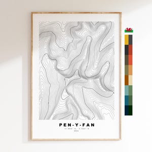 Impression Pen-y-Fan - Contour de la carte - Pen-y-Fan Brecon Beacons - Pays de Galles - Carte topographique - Art mural - Welsh Three Peak Challenge - Topographie