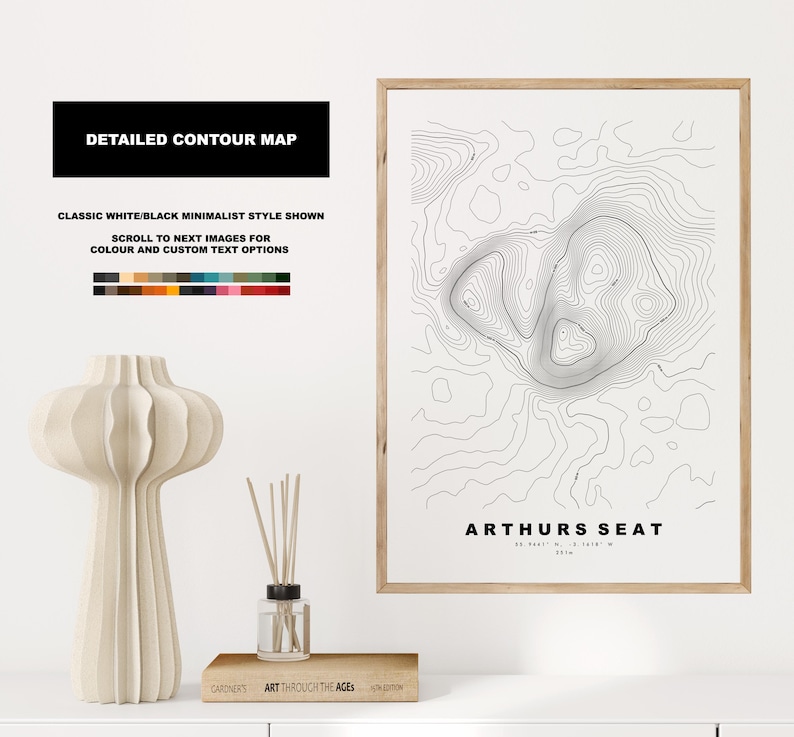 Topography Seating Arthurs Seat Print - Contour Map - Arthurs Seat Poster - Scotland ...