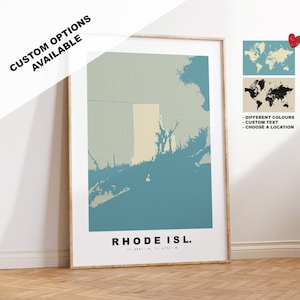 Impression de carte de Rhode Island - cadeau carte personnalisé - options de cadre ou de toile disponibles - options de texte personnalisées - cadeau personnalisé