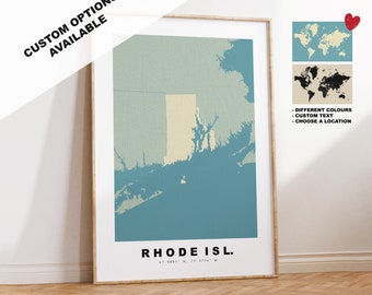 Rhode Island Map Print - Personalised Map Gift - Framed or Canvas Options Available - Custom Text Options - Personalised Gift