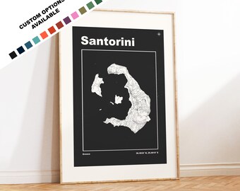 Impresión de mapa de Santorini - Opciones y colores personalizados disponibles - Impresiones o impresiones enmarcadas - Santorini, Grecia - Texto personalizado para regalo