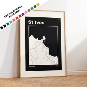 Impression de carte de St Ives - Options/couleurs personnalisées disponibles - Impressions ou impressions encadrées - St Ives, Cornouailles - Texte personnalisé pour cadeau