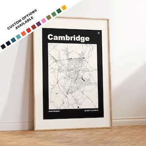 Cambridge Map Print - Custom options/colours available - Prints or Framed Prints - Cambridge United Kingdom - Custom Text for Gift