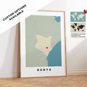 Kenia Kartendruck - Personalisiertes Kartengeschenk - Rahmen- oder Leinwandoptionen verfügbar - Benutzerdefinierte Textoptionen - Personalisiertes Geschenk