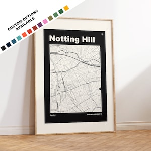 Kaartafdruk Notting Hill - aangepaste opties/kleuren beschikbaar - afdrukken of ingelijste afdrukken - Notting Hill, Londen - aangepaste tekst voor cadeau