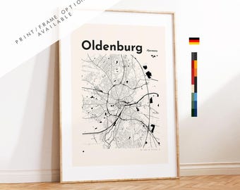 Karta över Oldenburg - Karta över Oldenburg - Tyskland - Tryck eller inramade tryck - Anpassade textalternativ - Olika färger tillgängliga