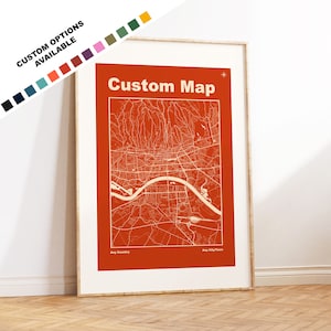 Custom Map Wall Art - 18 Colour Options - Custom Text for Gift - Choose Any Town or City - Retro / Minimal / Warm Colours - Gift Options