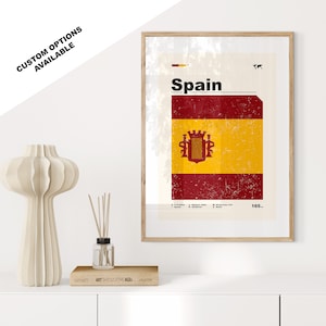 Puede incluir: Un póster de estilo vintage con la bandera de España. El póster tiene un aspecto desgastado y descolorido e incluye la palabra "España" en negrita, en color negro. El póster está enmarcado en un marco de madera claro.
