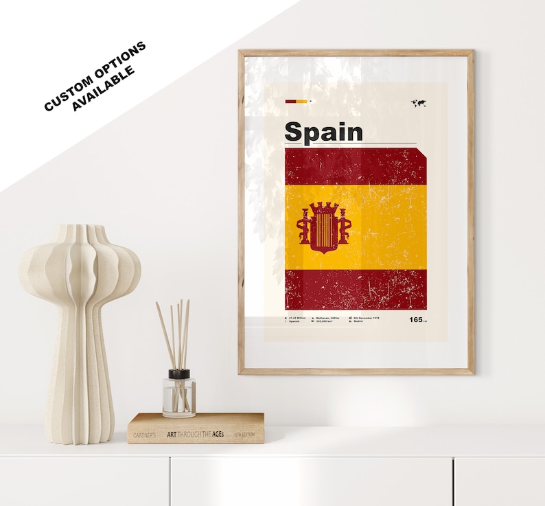 K&ouml;nnte beinhalten: Ein Vintage-Poster mit der Flagge Spaniens. Das Poster hat einen abgenutzten, verblassten Look und enth&auml;lt das Wort "Spanien" in fetter, schwarzer Schrift. Das Poster ist in einem hellen Holzrahmen gerahmt.