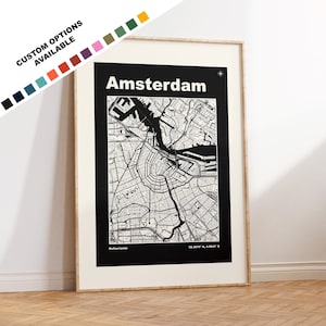 Impression de carte d'Amsterdam - Options de texte personnalisées - Carte d'Amsterdam - Moderne milieu du siècle - Couleurs personnalisées - Options encadrées ou toile - Cadeau
