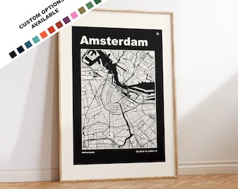 Amsterdam Map Print - Custom Text Options - Amsterdam Map - Mid Century Modern - Custom Colours - Framed or Canvas Options - Gift
