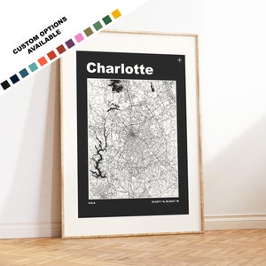 Impression de carte de Charlotte - Options/couleurs personnalisées disponibles - Impressions ou impressions encadrées - Charlotte, États-Unis - Texte personnalisé pour cadeau
