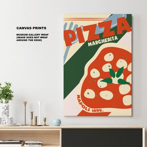 Puede incluir: Un p&oacute;ster de estilo vintage con un esquema de color rojo, blanco y verde. El p&oacute;ster presenta una ilustraci&oacute;n estilizada de una pizza con el texto "PIZZA MARGHERITA NAPOLI 1889."