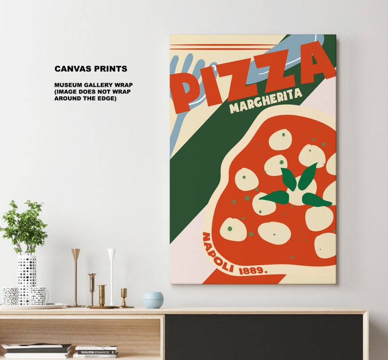 Puede incluir: Un p&oacute;ster de estilo vintage con un esquema de color rojo, blanco y verde. El p&oacute;ster presenta una ilustraci&oacute;n estilizada de una pizza con el texto "PIZZA MARGHERITA NAPOLI 1889."