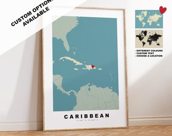 Caribbean Map Print - Personalised Map Gift - Framed or Canvas Options Available - Custom Text Options - Personalised Gift