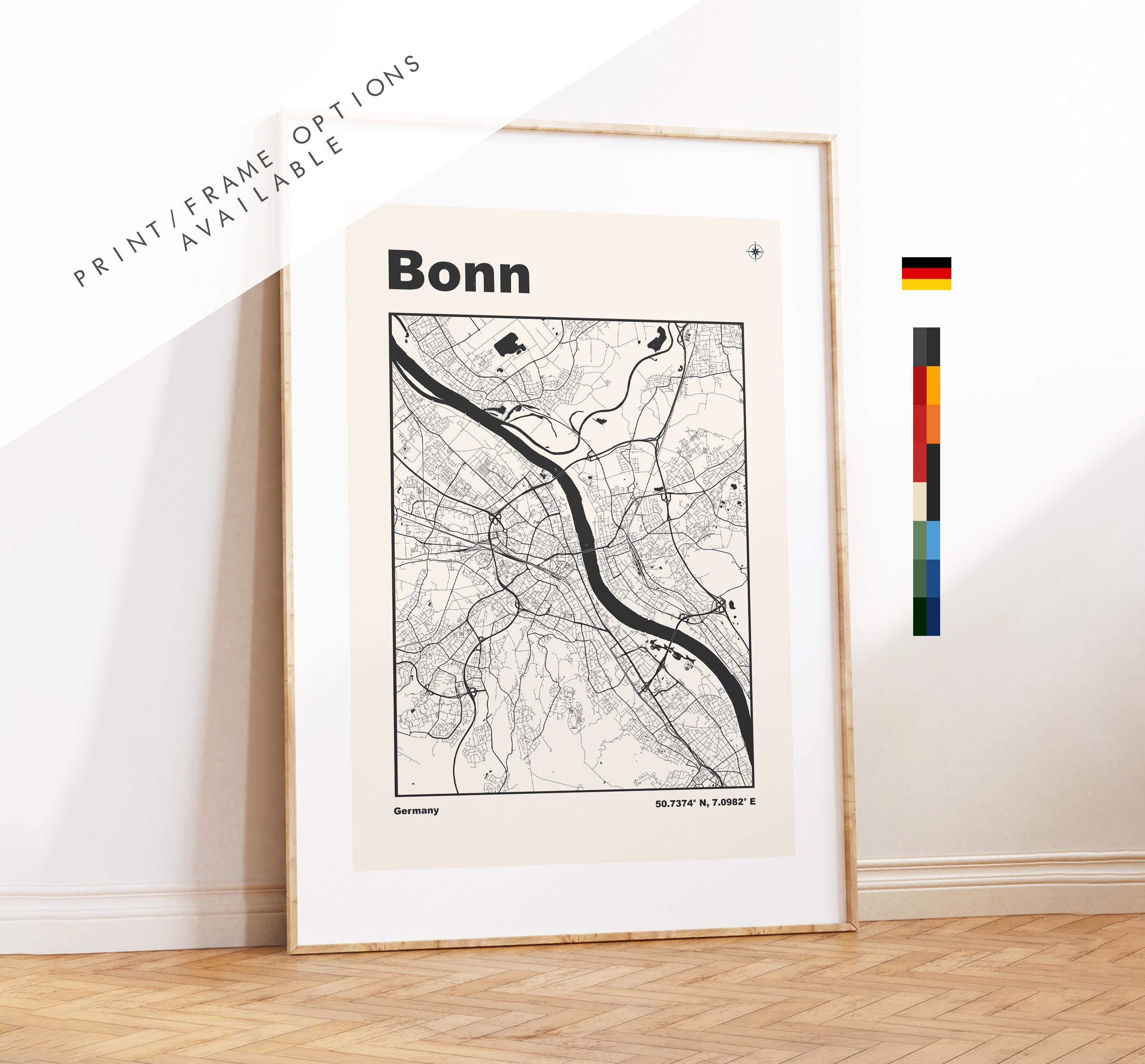 Bonn Map Print - Bonn City Map - Germany - Prints or Framed Prints - Custom Text Options - Different Colours Available