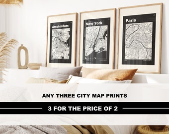 City Map Print Set - Money Saving Offer - Three for Two - Mid Century Modern Colours - Any City or Town - City Map Poster - Map Wall Art