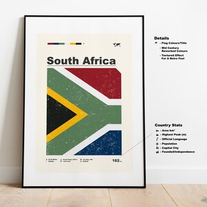 May include: A vintage-style poster featuring the South African flag with a textured effect. The poster includes details about the country, such as its area, highest peak, and official language. The text "South Africa" is displayed in bold letters at the top of the poster.