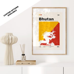Bhutan Flag Print - Flag Poster - Mid Century Modern - Custom Options Available - Framed or Canvas Prints Available - Custom Gift
