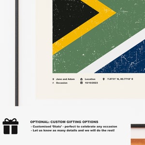 May include: A vintage-style poster featuring the flag of South Africa. The poster includes text for a location, date, and names. The text reads "Jane and Adam", "Location", "10/10/2023", and "7.8731&deg; N, 80.7718&deg; E".
