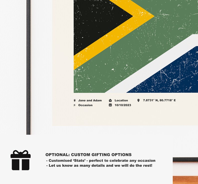 May include: A vintage-style poster featuring the flag of South Africa. The poster includes text for a location, date, and names. The text reads "Jane and Adam", "Location", "10/10/2023", and "7.8731&deg; N, 80.7718&deg; E".