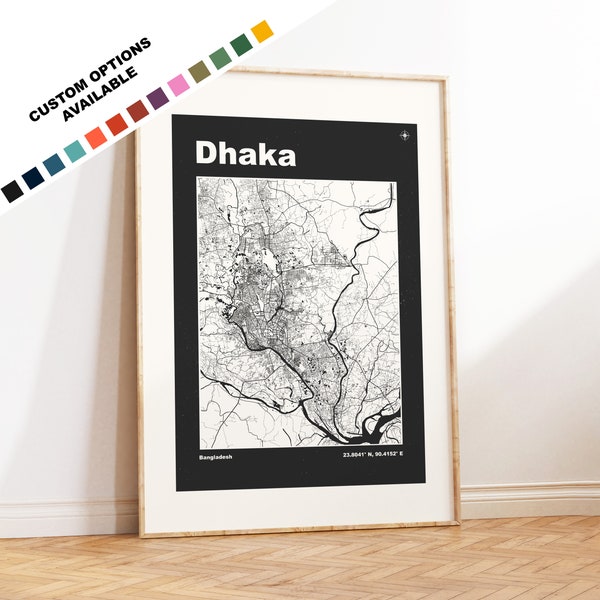 Dhaka Map Print - Custom options/colours available - Prints or Framed Prints - Dhaka, Bangladesh - Custom Text for Gift