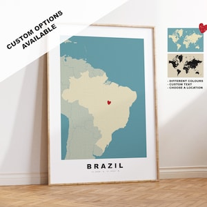 Impresión de mapa de Brasil - Regalo de mapa personalizado - Opciones disponibles enmarcadas o en lienzo - Opciones de texto personalizado - Regalo personalizado