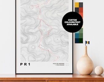 PR1 Hiking Print - Contour Map -  Madeira Map - Topographic Map - Print - Poster - Wall Art - Pico do Arieiro - Pico Ruivo - Topography