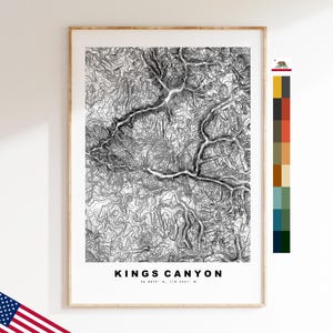 Kings Canyon-kaartafdruk - contourkaartafdruk - topografische kaart - poster - muurkunst - bergkaarten VS - Californië