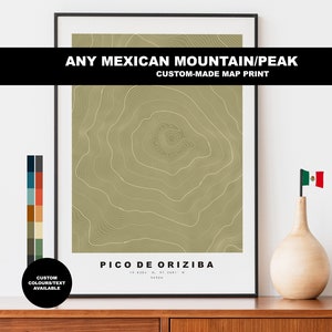 Aangepaste Mexicaanse bergkaart afdrukken - elke locatie - contourkaart afdrukken - Mexico - Mexicaanse bergen - kaart - Oriziba - Popocatepetl - Ajusco