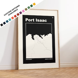 Impression de carte de Port Isaac - Options/couleurs personnalisées disponibles - Impressions ou impressions encadrées - Port Isaac, Cornouailles - Texte personnalisé pour cadeau