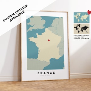 France Map Print - Personalised Map Gift - Framed or Canvas Options Available - Custom Text Options - Personalised Gift