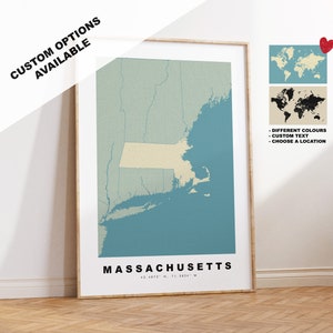 Massachusetts Map Print - Personalised Map Gift - Framed or Canvas Options Available - Custom Text Options - Personalised Gift