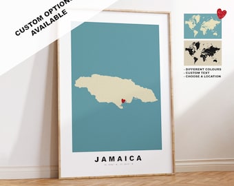 Jamaica Map Print - Personalised Map Gift - Framed or Canvas Options Available - Custom Text Options - Personalised Gift