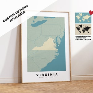 Virginia Map Print - Personalised Map Gift - Framed or Canvas Options Available - Custom Text Options - Personalised Gift