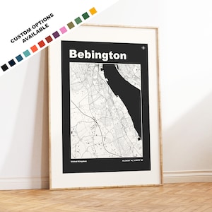 Impresión de mapa de Bebington: opciones y colores personalizados disponibles: impresiones o impresiones enmarcadas: Bebington, Merseyside: texto personalizado para regalo