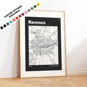 Rennes-kaartafdruk - afdrukken, ingelijst of op canvas - prenten of ingelijste afdrukken - Rennes, Frankrijk - Aangepaste tekstopties - Stadskaarten Frankrijk