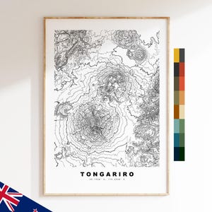 May include: A framed topographic map print of Tongariro featuring intricate black contour lines on a white background. The text TONGARIRO and the coordinates 39.1928 S, 175.5938 E are printed at the bottom. A vertical colour palette strip is on the right.