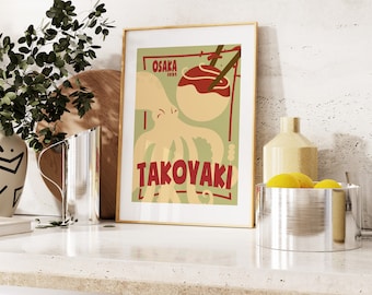 Takoyaki Print - Japanese Food Poster - Kitchen Print - Kitchen Wall Art - Mid Century Modern - Retro Style - Colourful - Kitchen Poster