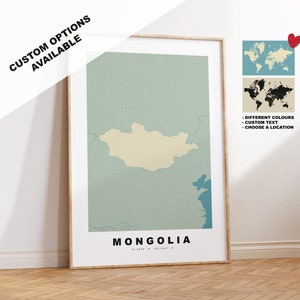 Mongolia Map Print - Personalised Map Gift - Framed or Canvas Options Available - Custom Text Options - Personalised Gift