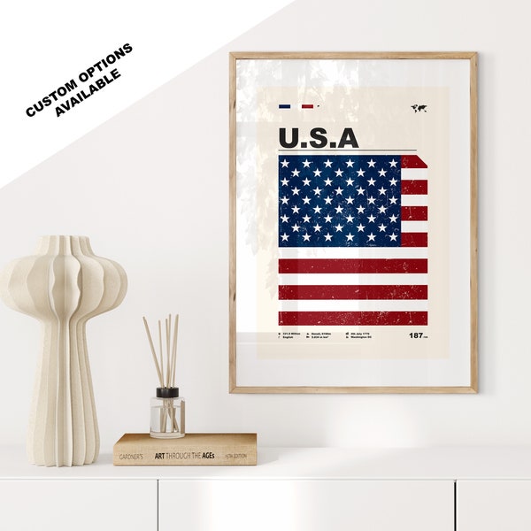 Impresión de la bandera de los Estados Unidos - Cartel de la bandera de los EE.UU. - Moderno de mediados de siglo - Opciones personalizadas disponibles - Impresiones enmarcadas o en lienzo disponibles - Regalo personalizado