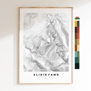 Impressão de Elidir Fawr - Mapa de contorno - Snowdonia - País de Gales - Mapa topográfico - Impressão - Pôster - Arte de parede - Pôster de Elidir Fawr - Cordilheira Glyderau
