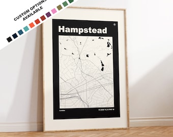 Hampstead Map Print - Custom options/colours available - Prints or Framed Prints - Hampstead London - Custom Text for Gift