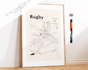 Rugby Map Print - Custom options/colours available - Prints or Framed Prints - Warwickshire, UK