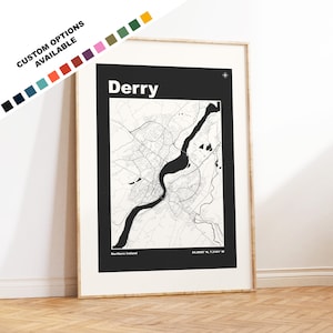 Stampa mappa Derry - Opzioni/colori personalizzati disponibili - Stampe o stampe incorniciate - Londonderry, Irlanda del Nord - Testo personalizzato per regalo