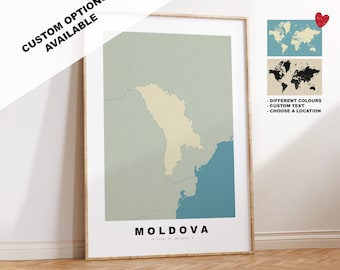 Moldova Map Print - Personalised Map Gift - Framed or Canvas Options Available - Custom Text Options - Personalised Gift