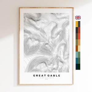 Impression Great Gable - Carte des contours - Carte de la région des lacs de Great Gable - Région des lacs - Carte topographique - Impression - Poster - Art mural - Topographie